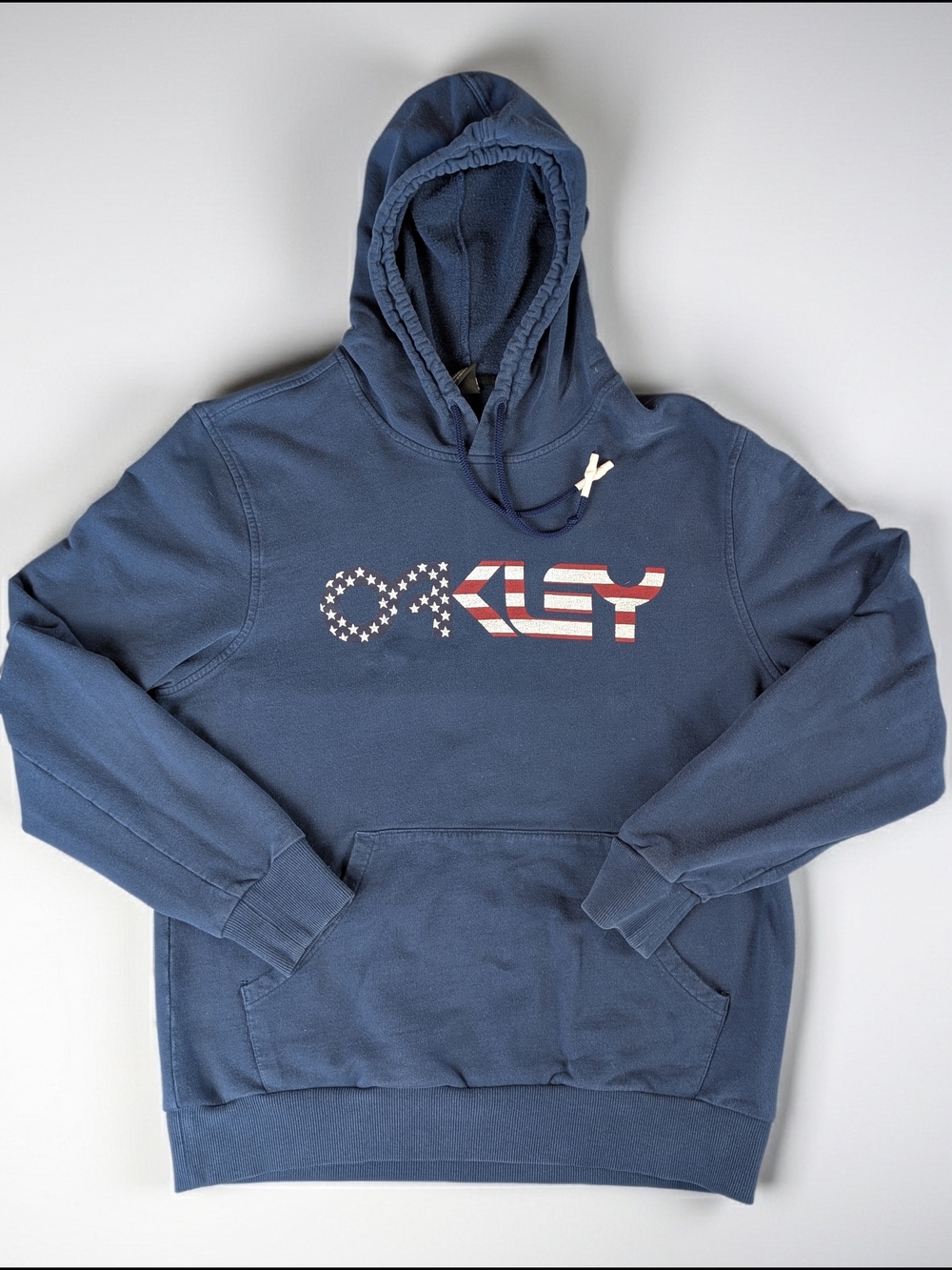 Oakley Blue Fleece Pullover Hoodie Youth L Regular Fit USA Flag Graphic Print